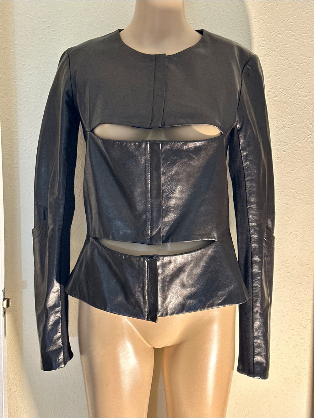 ARCHIVAL Helmut Lang SS 2001 Slashed Cut-Out Leather Peplum Flare Jacket IT 40